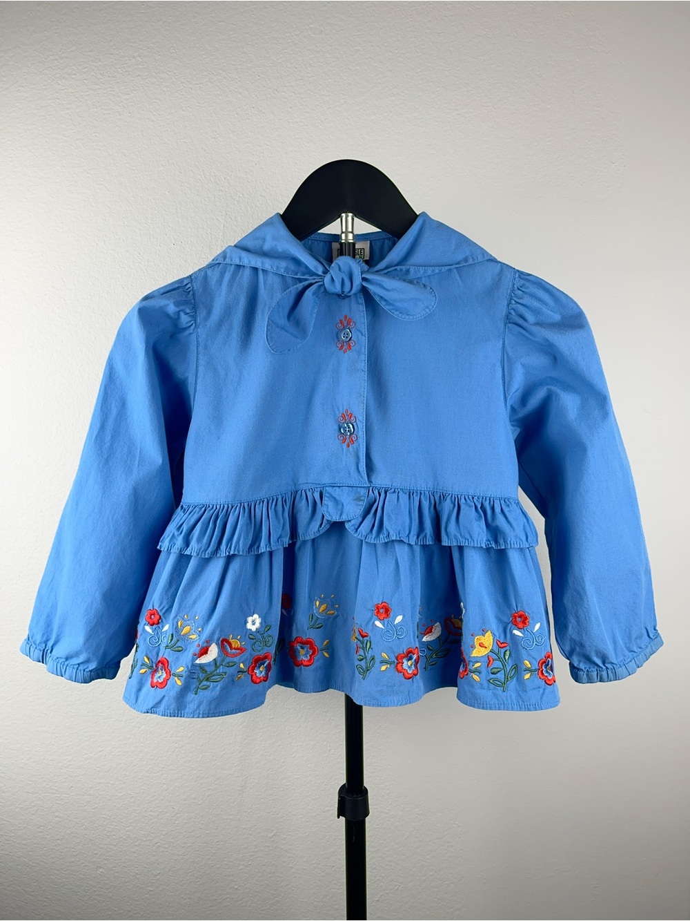 Carlisle Kids 1990s Cornflower Blue Floral Embroidered Ruffle Vintage Top Size 5
